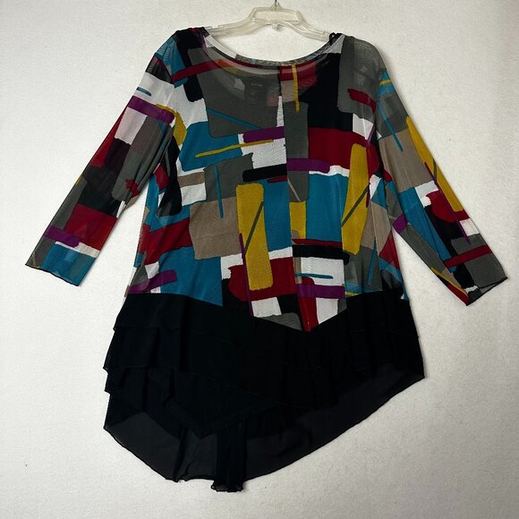 Ali Miles Tunic Top 1X sheer built in tank asymmetric colorful artsy button back - Picture 1 of 7